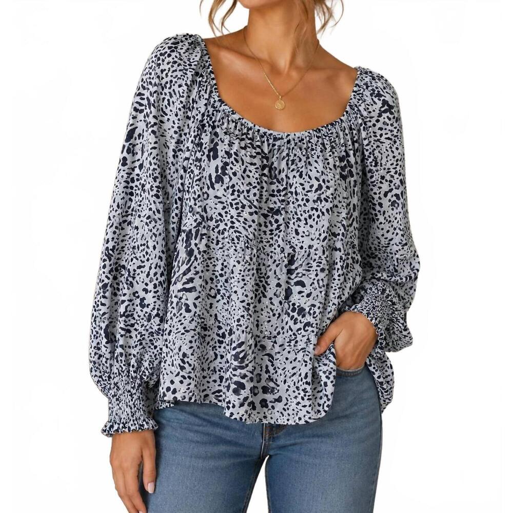 NEW JOY JOY peasant blouse in twig blue cheetah